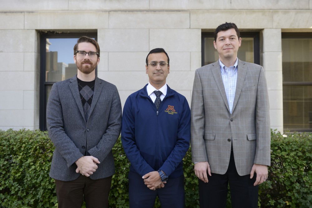 From left, Brian Krohn, Dr. Umesh Goswami and Adam Black pose for a portrait Wednesday, Oct. 4. The team worked together on Soundly, an app that reduces snoring by playing an interactive voice exercise game.