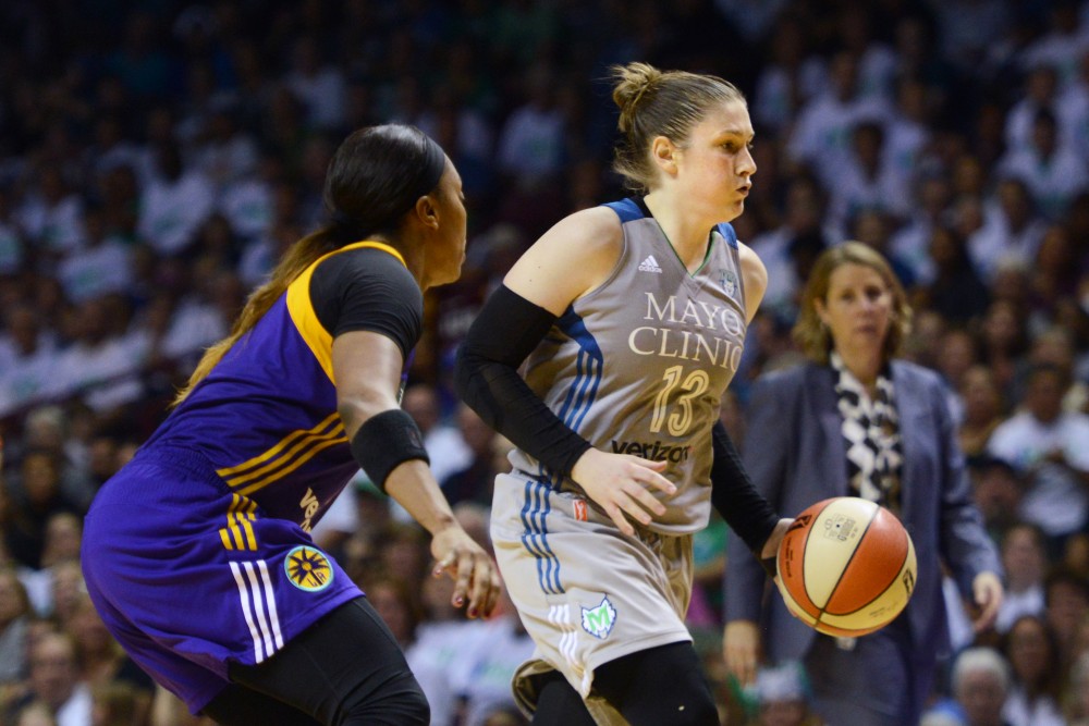 Lynx guard Lindsay Whalen carries the ball up the court during the first game of the WNBA Finals at Williams Arena on Sept. 24, 2017. Whalen helped lead the team to victory, scoring 17 points in the final game against the Los Angeles Sparks. 