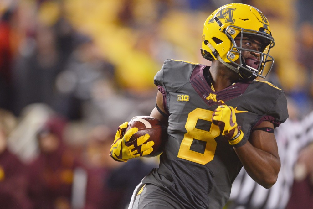 Wide receiver Mark Williams shows excitement after a Gophers first down during the game against Michigan State on Saturday, Oct. 14 at TCF Bank Stadium in Minneapolis. The Spartans beat the Gophers 30-27. 