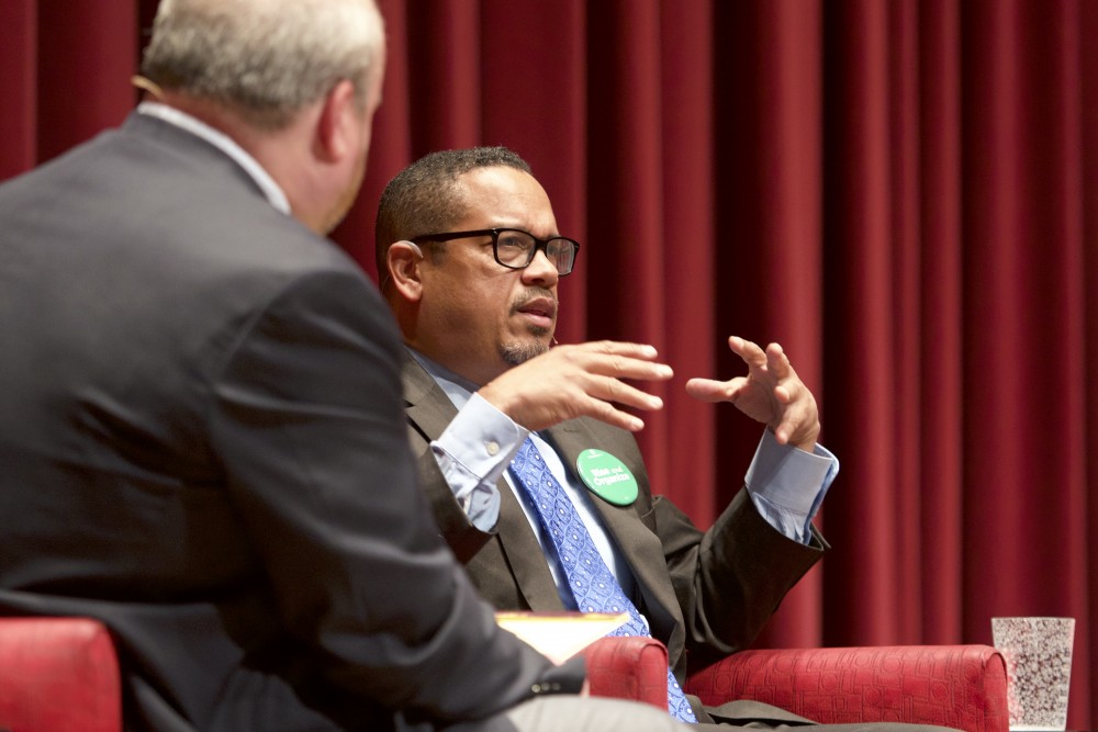 Ahead of Sen. Elizabeth Warrens speech, congressman Keith Ellison takes questions from moderator Larry Jacobs, Director of the Center for the Study of Politics and Governance, at the Humphrey School of Public Affairs on Oct. 22.