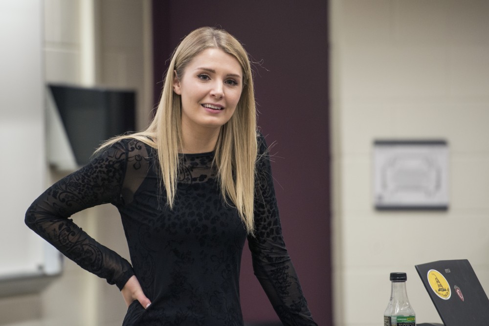 Right-wing commentator Lauren Southern gives a talk to a crowd in Anderson Hall on West Bank on Wednesday.