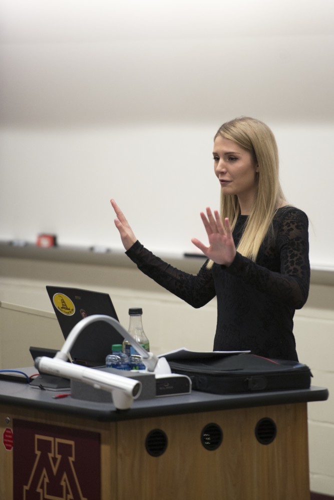 Right-wing commentator Lauren Southern gives a talk to a crowd in Anderson Hall on West Bank on Wednesday.