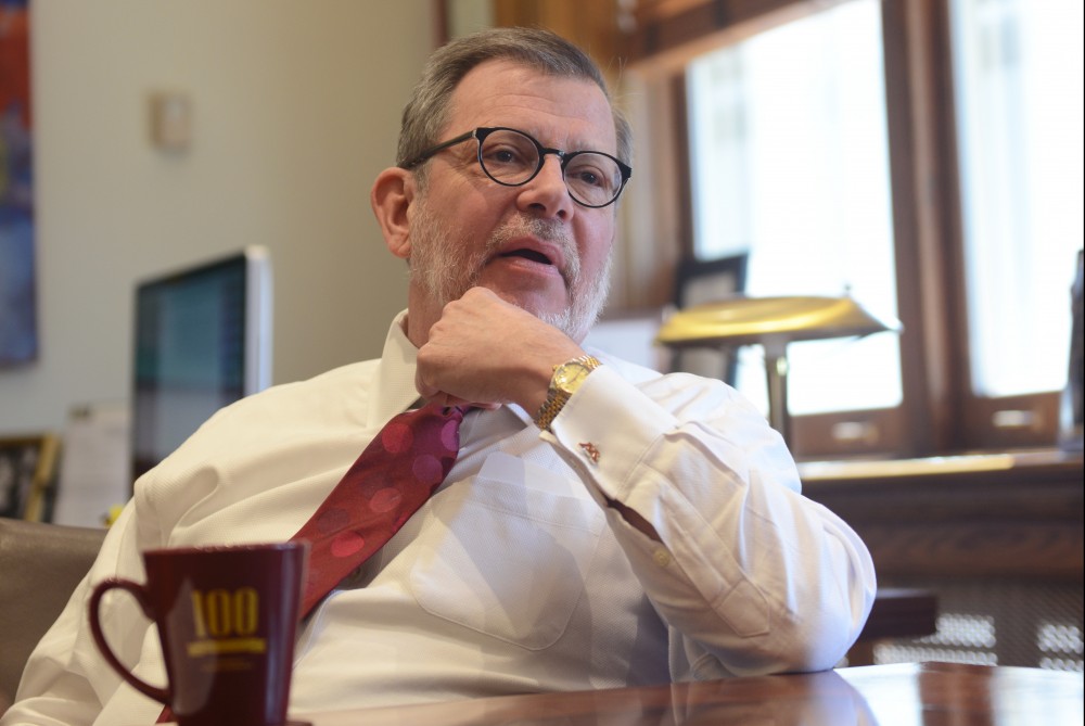 President Eric Kaler fields questions from the Minnesota Daily in his office in Morrill Hall on Friday, April 28, 2017.