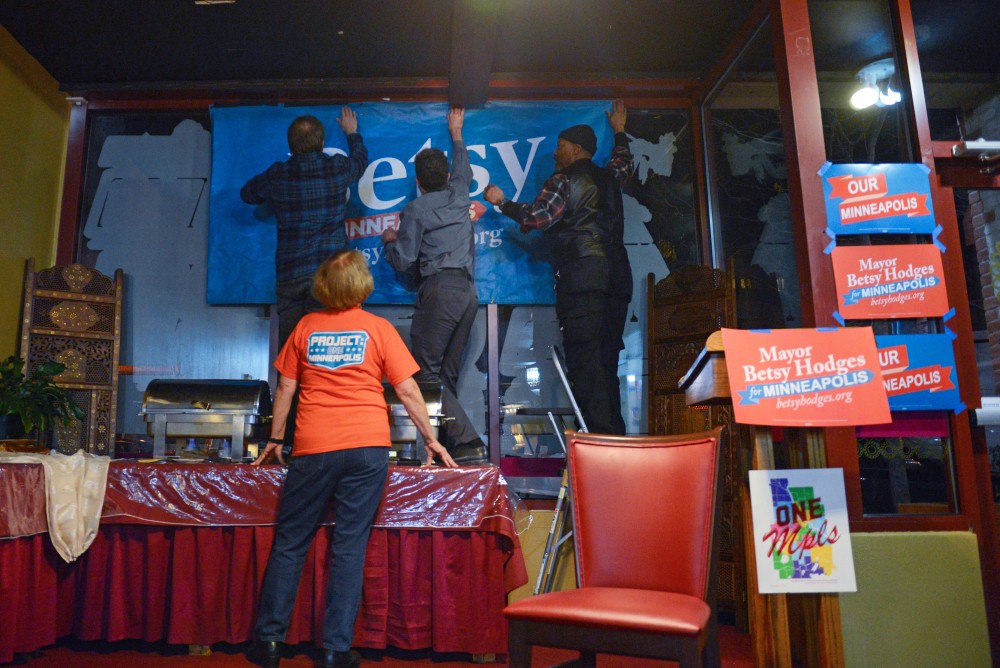 A Betsy for Minneapolis sign is hung in the window of the Gandhi Mahal Restaurant where Betsy Hodges Election Day party is held on Nov. 7.