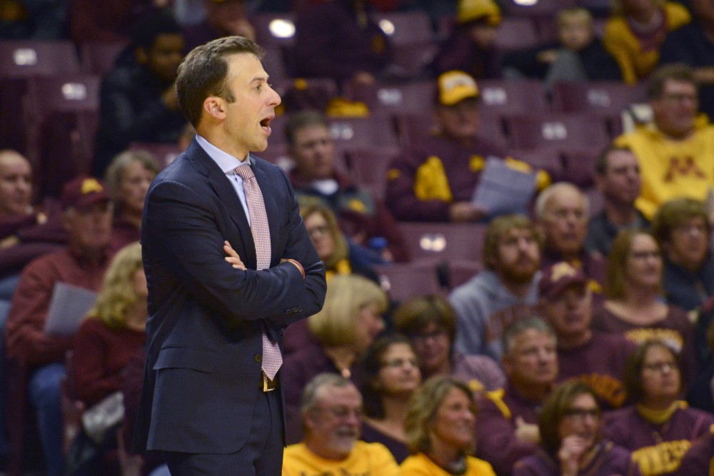 Head coach Richard Pitino directs the team from the sideline on Thursday, Nov. 2, 2017 at Williams Arena.