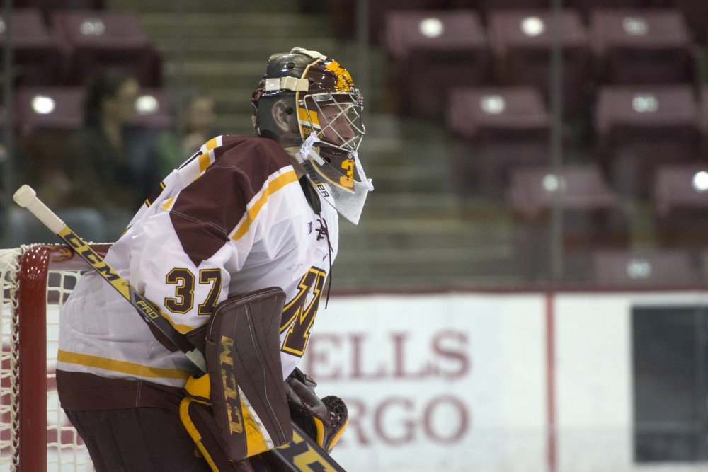 Goalie Eric Schierhorn observes the game at 3M Arena at Mariucci on Friday, Oct. 3.