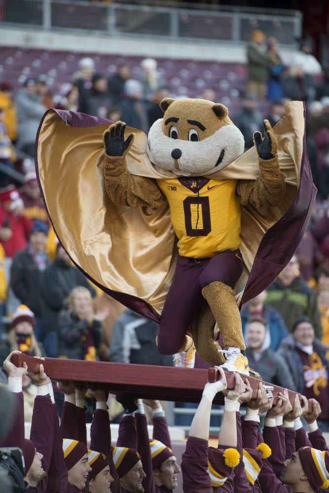 Goldy Gopher energizes the crowd at TCF Bank Stadium on Saturday, Nov. 11.