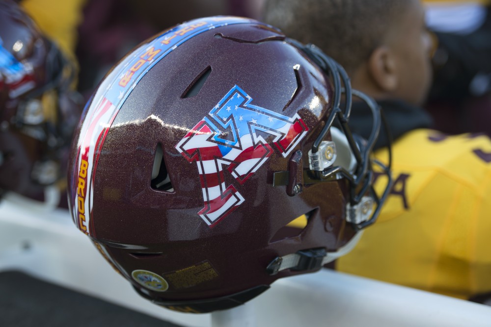 A Gopher helmet specially designed for Veterans Day at TCF Bank Stadium on Saturday, Nov. 11.