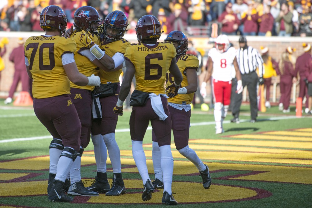 The Gophers celebrate a touchdown at TCF Bank Stadium on Saturday, Nov. 11.