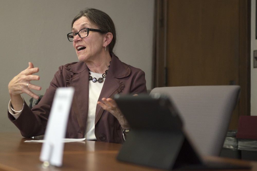 Sue Wick, Director of Undergraduate Studies for the College of Biological Sciences, speaks to the Senate Committee on Student Affairs about student mental health programs at Morrill Hall on Wednesday, Nov. 8.