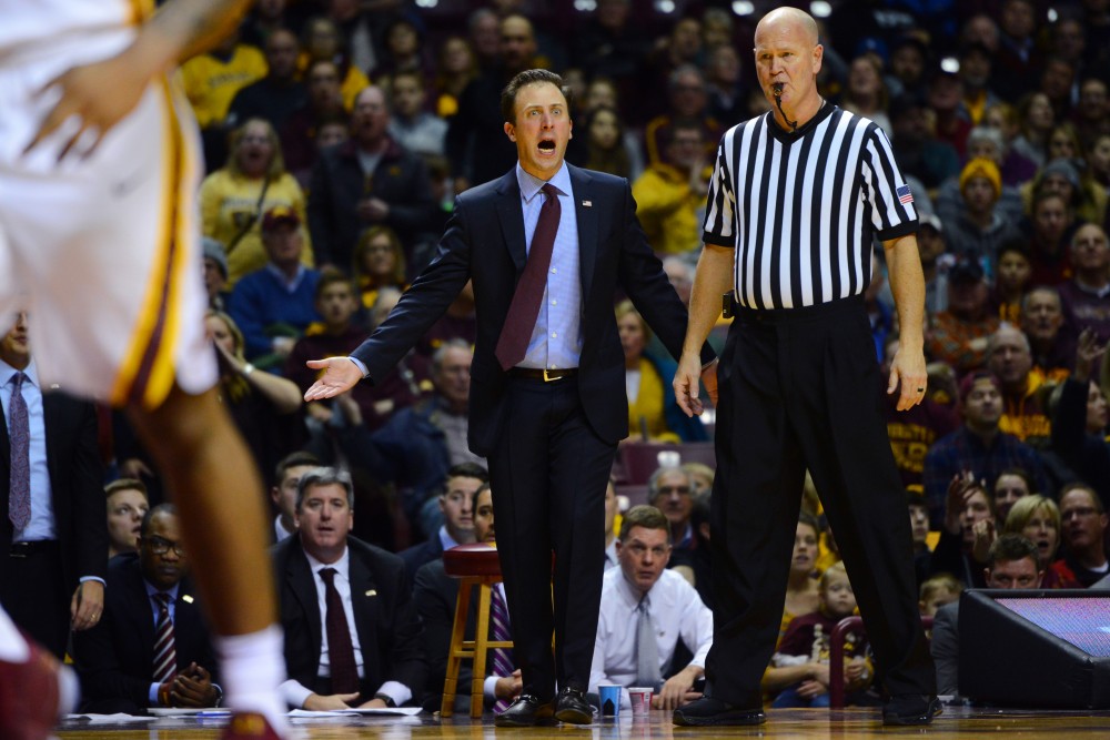 Head Coach Richard Pitino reacts to a play during a game against SC Upstate at Williams Arena on Friday, Nov. 10. 