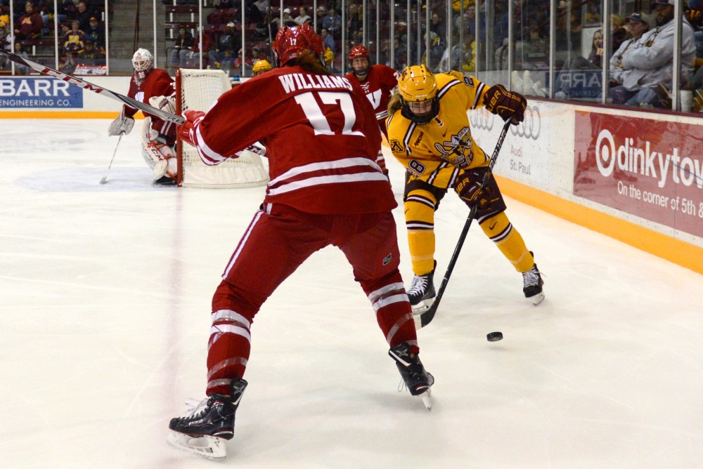 Freshman forward Taylor Wente maneuvers behind the goal line at Ridder Arena on Oct. 29. 