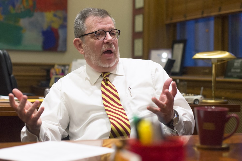 University President Eric Kaler fields questions during an interview with the Minnesota Daily on Thursday, Nov. 16.