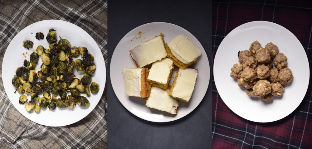 Roasted brussels sprouts, chai-spiced pumpkin bars and turkey apple meatballs.