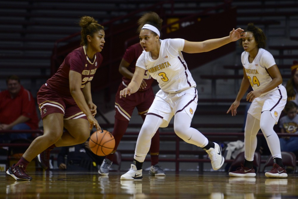Freshman Destiny Pitts attempts to steal the ball from a Boston College player on Sunday, Nov. 19 at Williams Arena. 