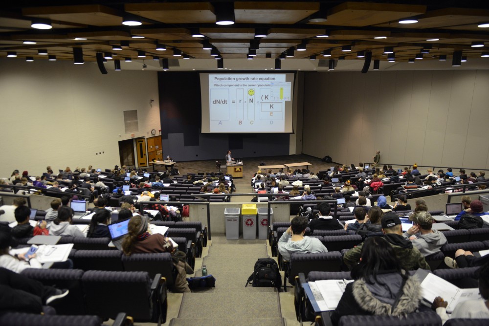 Students attend a lecture for Biology 1001 on Tuesday, Nov. 21 in Willey Hall on West Bank. 