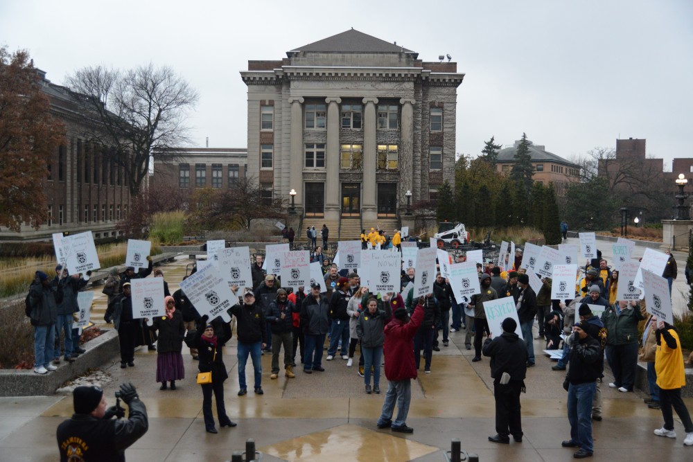 Teamsters Local 320, a union group for public employees, hosted a march on the University of Minnesota campus on Friday, Nov. 17, outside Morrill Hall in Minneapolis. The group is joining with other faculty and student organizations who are pushing for fair wages at the University.