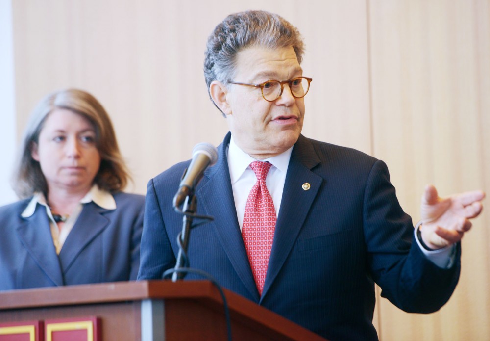 U.S. Sen. Al Franken speaks at TCF Bank Stadium in 2013. Franked announced his resignation from the U.S. Senate after multiple allegations of sexual misconduct.