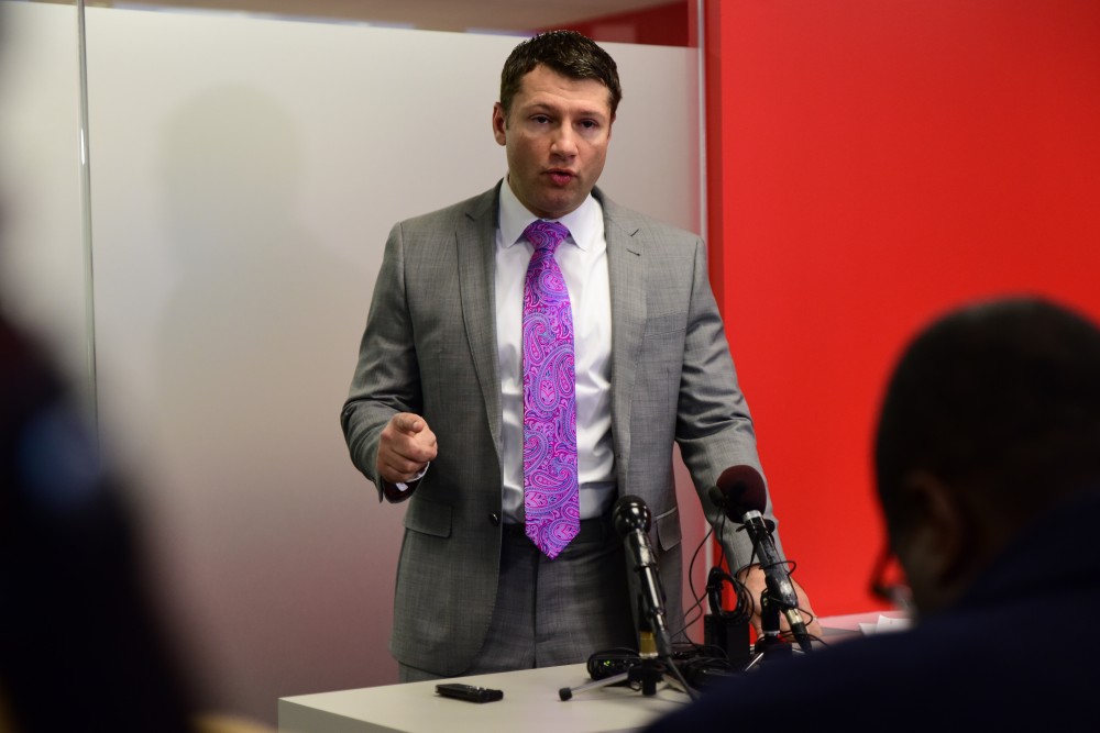Attorney Ryan Pacyga speaks during a press conference held to discuss his new role as council for Gophers mens basketball player Reggie Lynch. Lynch has been accused of sexual misconduct and recommended for suspension and expulsion by the University of Minnesota. 