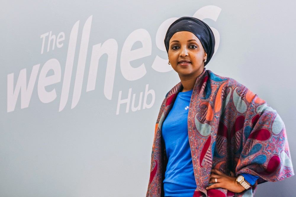 Sahra Noor, CEO at Peoples Center Clinic & Services, poses at the entrance of the clinics new Wellness Hub in Cedar-Riverside on Jan. 20. The wellness center will open to the public on Feb. 5.