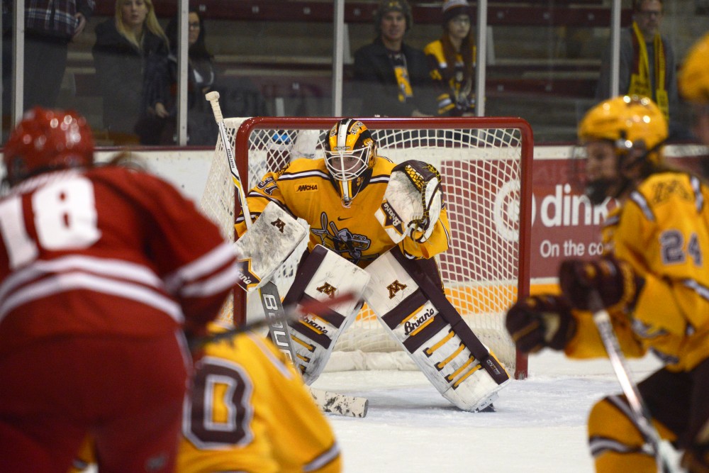 Senior goaltender Sidney Peters guards the goal in the third period at Ridder Arena on Sunday, Oct. 29. 