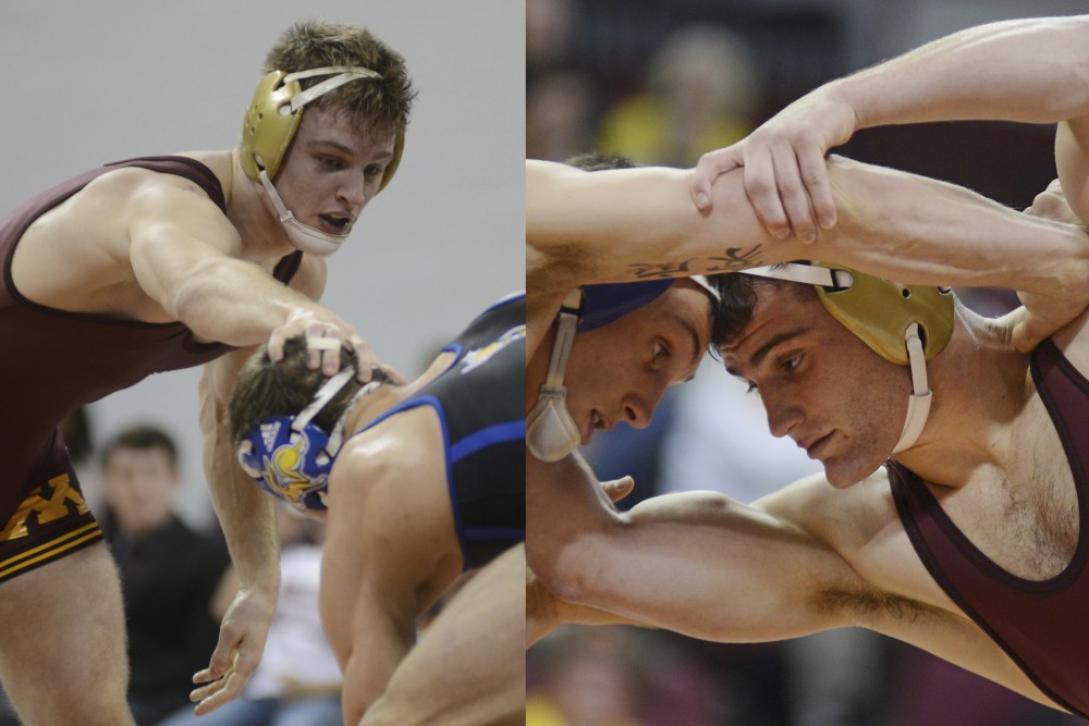 Redshirt seniors Nick Wanzek, left, and Jake Short, both from Inver Grove Heights, have known each other since first grade and now wrestle back-to-back in the Gophers lineup.