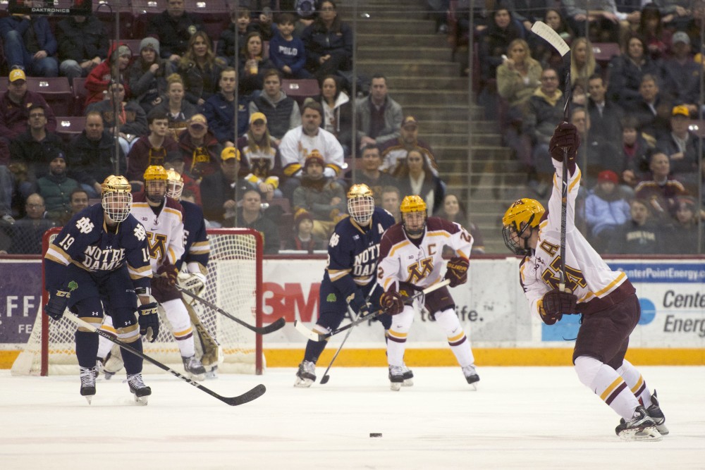 The Gophers beat Notre Dame with an overtime goal scored by freshman Casey Mittlestadt on Friday, Jan. 26 at 3M Arena at Mariucci. 
