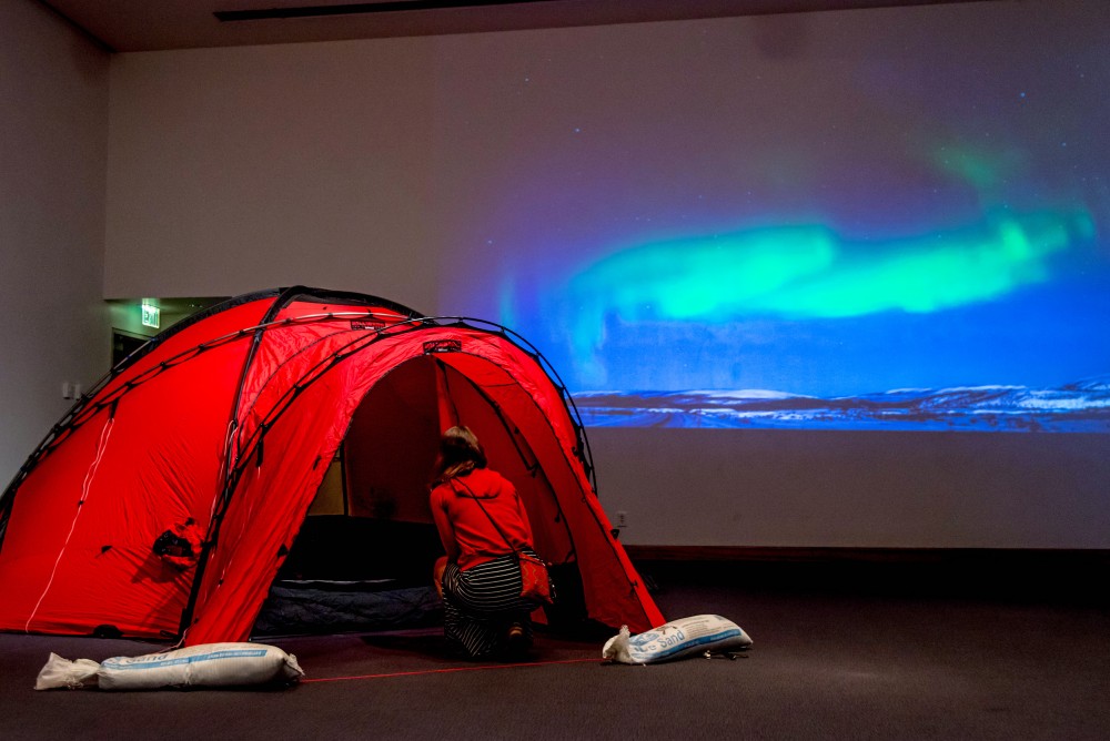 A tent and other supplies used by UMN professor Dr. Aaron Doering and his team to cross the Arctic were on display as part of the Vanishing Ice preview party at the Weisman Art Museum on Friday, Jan. 26.