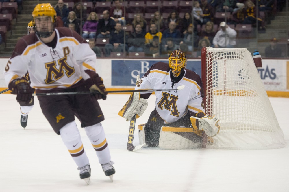 Sophomore goaltender Mat Robson reads the play during a game against No. 1 Notre Dame at 3M Arena at Mariucci on Friday. 
