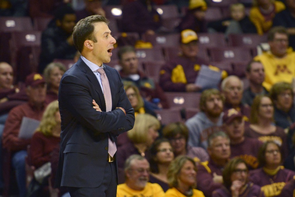 Head coach Richard Pitino directs the team from the sideline on Thursday, Nov. 2 at Williams Arena.