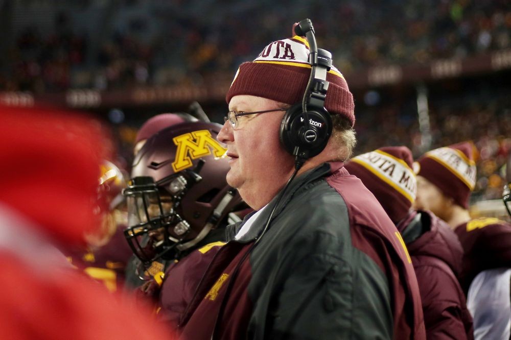 Head coach Tracy Claeys watches the Gophers play their last game of the 2015 season against the University of Wisconsin- Madison on Saturday, where the team lost 31-21 at TCF Bank Stadium.