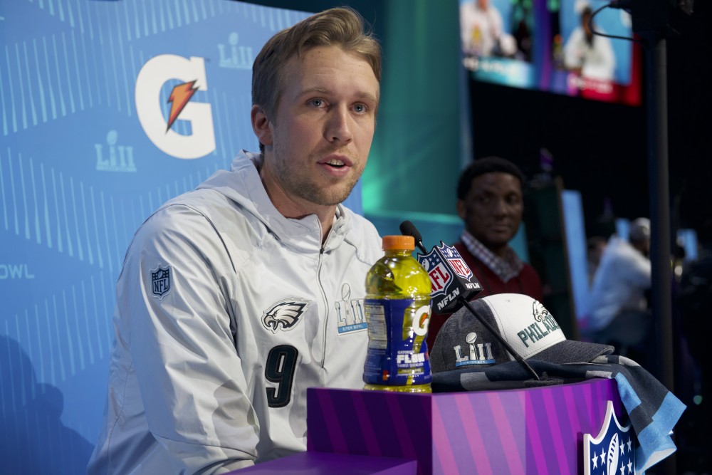 Philadelphia Eagles quarterback Nick Foles speaks with members of the press during the Super Bowl LII Opening Night event at the Xcel Energy Center on Monday.