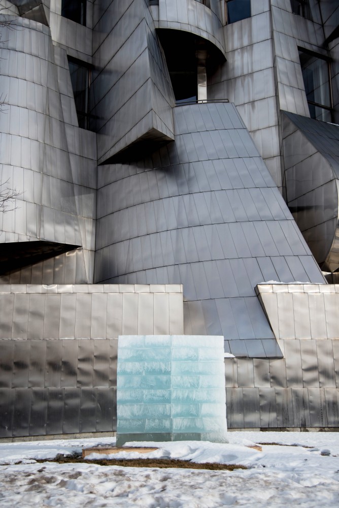 Melting Ice by artist Jyoti Duwadi sits outside of the Weisman Art Museum along East River Road on Friday, Jan. 26. The installation, which will slowly melt over the next few months is part of the Vanishing Ice exhibit that opened at the Weisman on Saturday, Jan. 27.