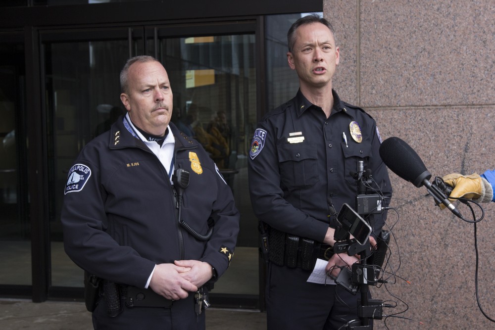 Minneapolis Assistant Police Chief Mike Kjos and UMPD Chief Matt Clark answer questions Tuesday after Rashad Bowmans arrest at the Graduate Hotel. The 38-hour standoff ended in Bowmans arrest just before 2 p.m. on Tuesday, Jan. 30. 
