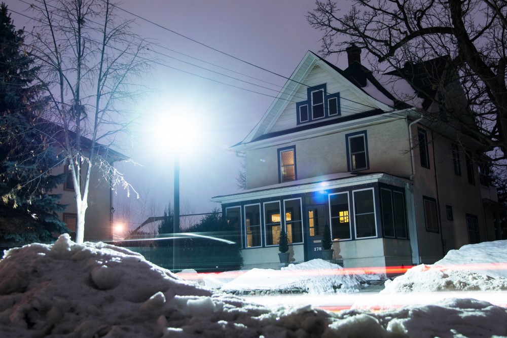 An LED streetlight illuminates a house along Malcolm Avenue Southeast in Prospect Park Tuesday, Jan. 30. Neighbors have expressed concern over the brightness of the new light fixtures as more are built in the neighborhood.