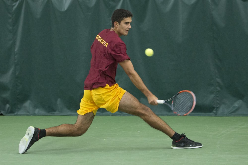 Junior Josip Krstanovic returns the ball during his singles match at the Baseline Tennis Center on Friday, Feb. 2.