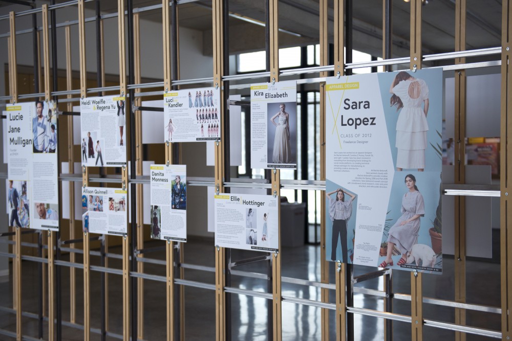 The exhibit Then and Now: Fashion Show @ 50 on display in Rapson Hall on Saturday, Feb. 3. The exhibit highlights the work of design students featured in the fashion show in previous years.