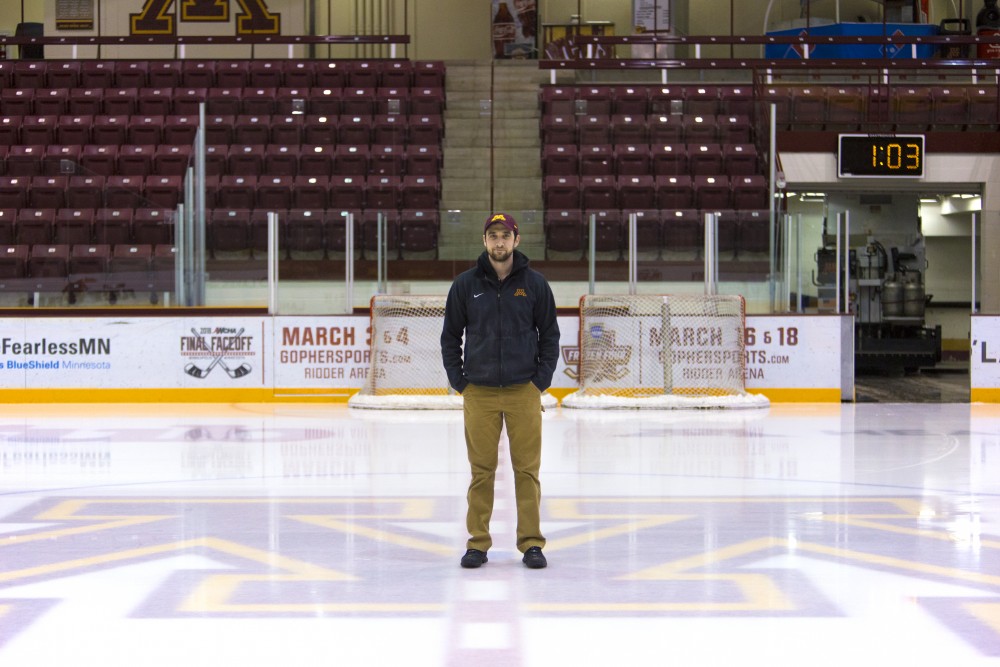 Adam Stirn, lead ice maker for University Facilities Management, poses for a portrait on Thursday, Feb. 1 at Mariucci Arena. Stirn has made ice for the past four years at the University to keep up with the needs of ice hockey practices, games and events that take place in the arenas. 