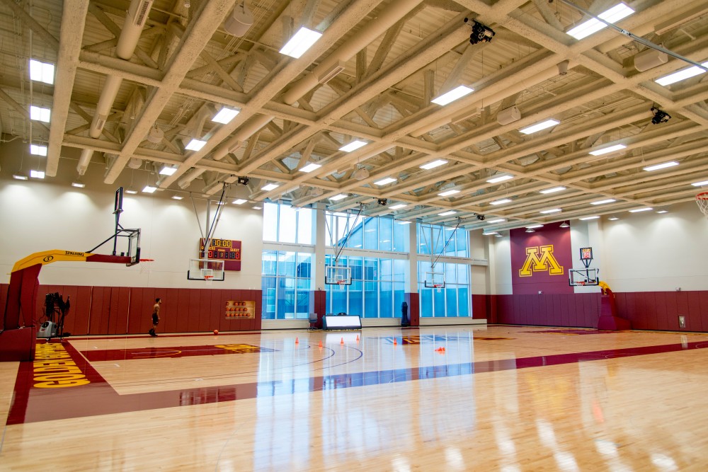 Athletes use the Robert K. Eddy Practice Court during a tour on Saturday, Feb. 10. The court is a replica of the Williams Arena floor with additional space and ball racks built into the walls.