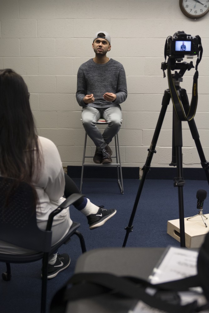Padhika Sharma interviews Samad Qureshi in the One Button Studio on Saturday, Feb. 10 for a part of a video profile series of Indian students experiences at the University created by the Indian Student Association. 