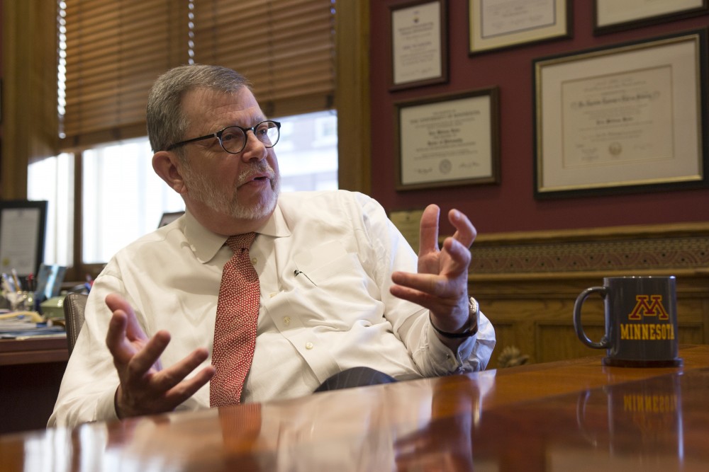 University of Minnesota President Eric Kaler fields questions from the Minnesota Daily in his office on Friday, Feb. 9.