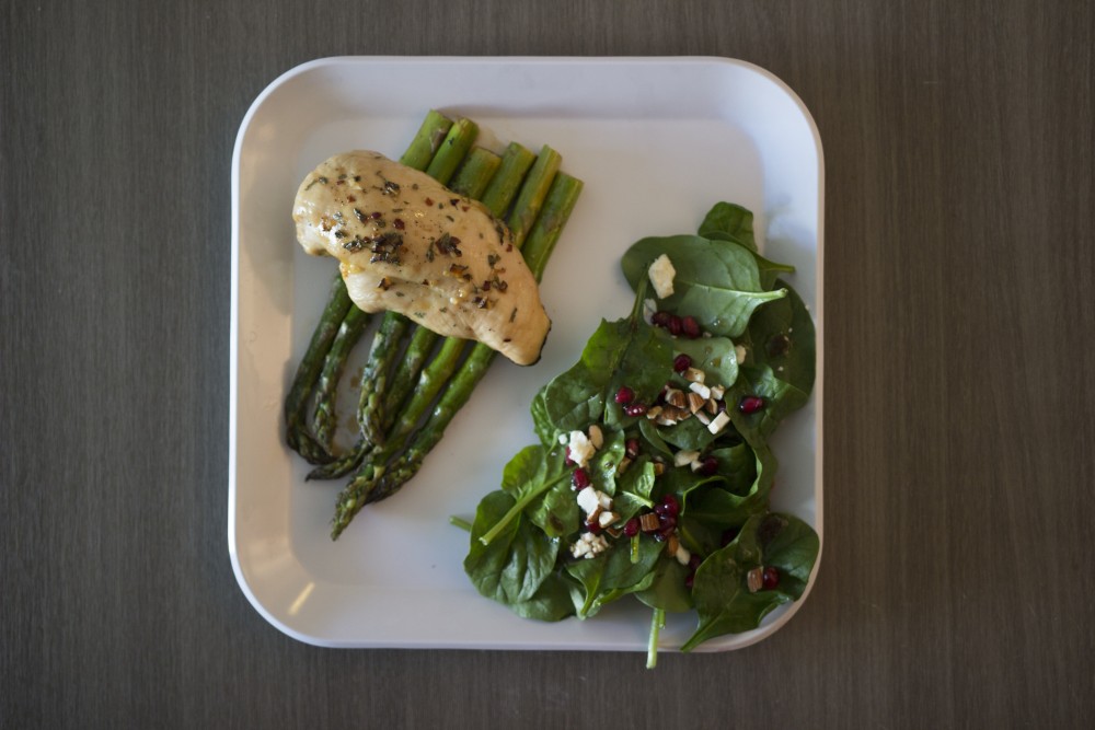 Honey-Lemon Chicken and Asparagus with a Pomegranate Side Salad. 