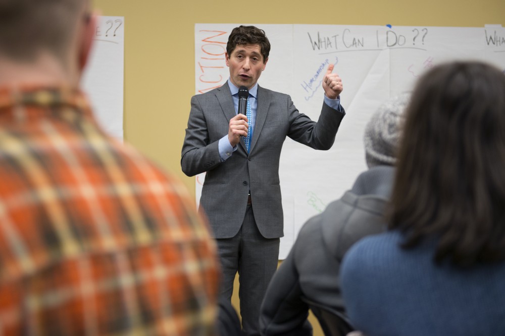 Mayor Jacob Frey speaks about affordable housing at a community event at the University of Minnesota Urban Research and Outreach-Engagement Center in North Minneapolis on Thursday, Feb. 15.