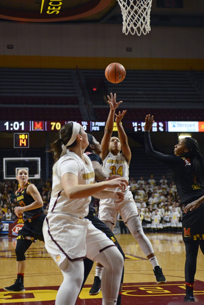 Guard Gadiva Hubbard shoots the ball during the game against Maryland at Williams Arena on Sunday, Feb. 18. The Gophers won 93-74. 