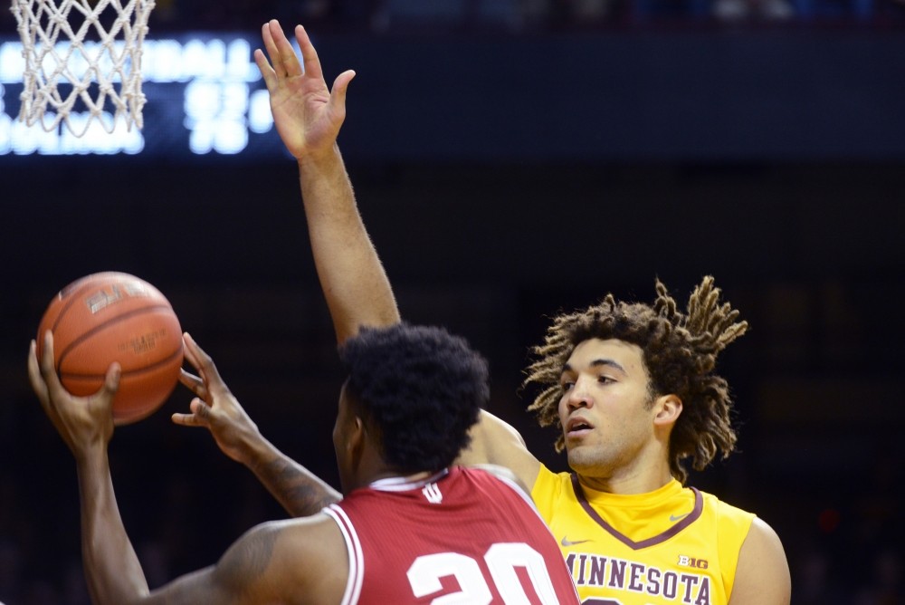 Gophers center Reggie Lynch reaches to block a shot during a game against Indiana on Feb. 15, 2017. Lynch was expelled after allegations of sexual misconduct.