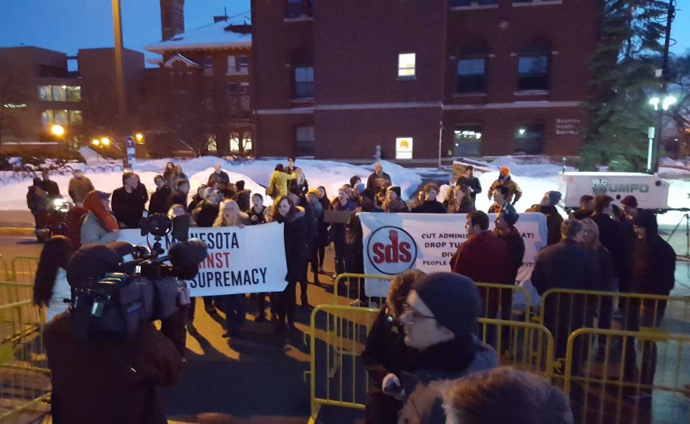 Protesters gather outside the St. Paul Student Center to decry conservative commentator Ben Shapiros appearance on campus on Monday, Feb. 26.