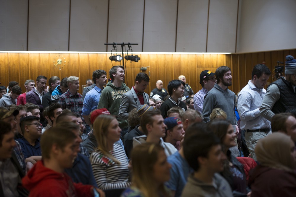 Audience members line up in hopes to ask questions to conservative commentator Ben Shapiro in the Northstar Ballroom of the St. Paul Student Center on Monday, Feb. 26. 