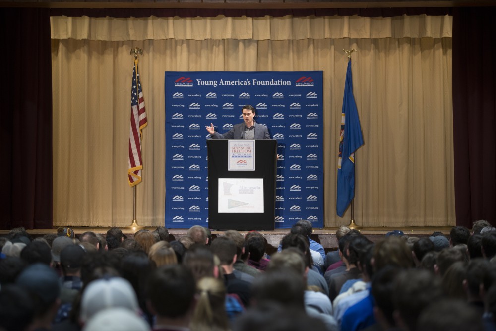 Conservative commentator Ben Shapiro speaks in the Northstar Ballroom of the St. Paul Student Center on Monday, Feb. 26.