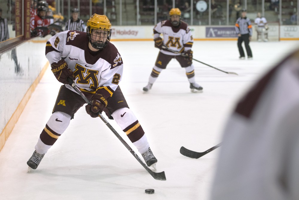 Defenseman Emily Brown looks to pass the puck during a game against St. Cloud State at Ridder Arena on Friday, Feb. 23.