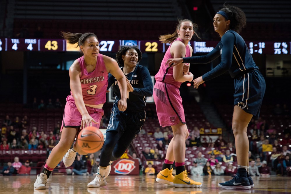 Gophers guard/forward Destiny Pitts dribbles the ball during Minnesotas game against Penn State on Sunday, Feb. 11. 